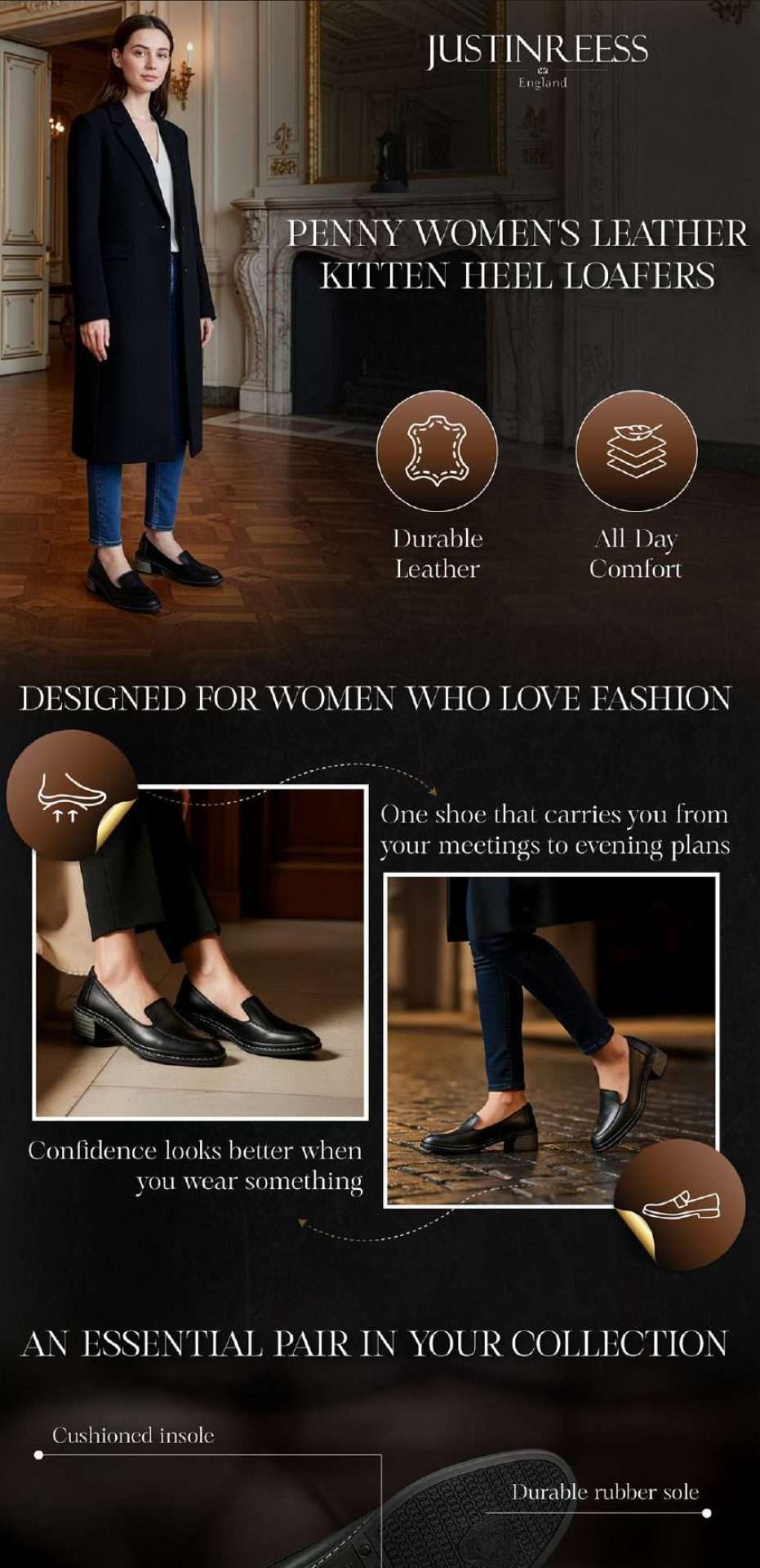 Justin Reess Penny Women's Leather Loafers Enhanced Brand Content