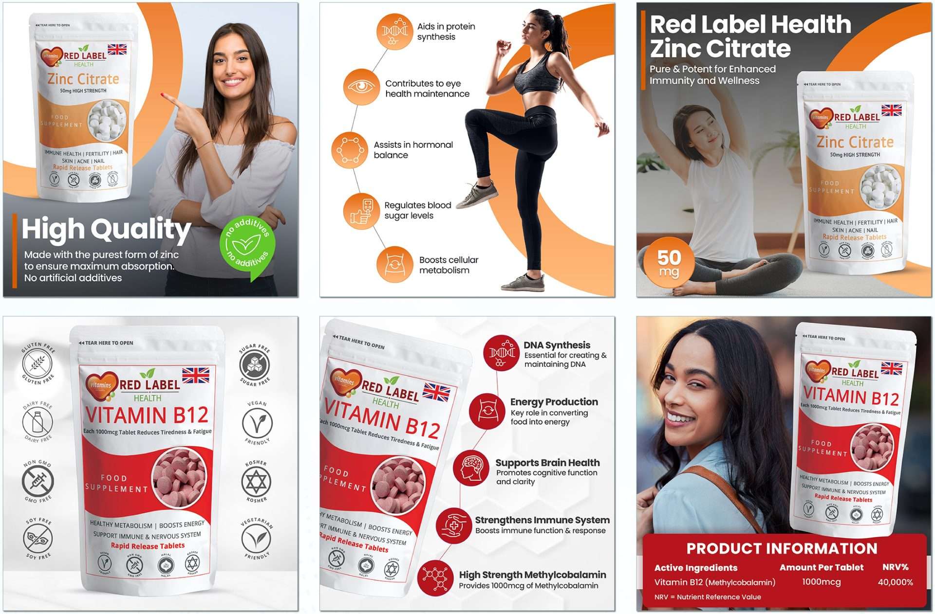 Red Label Health Zinc Citrate & Vitamin B12 Supplements listing image set