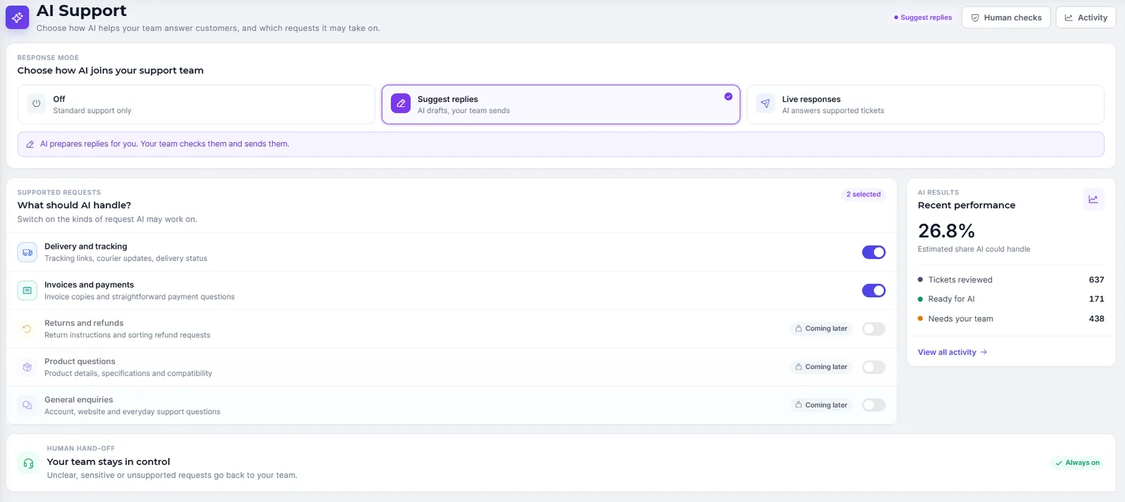 Engage AI settings showing response modes and which request types AI may handle