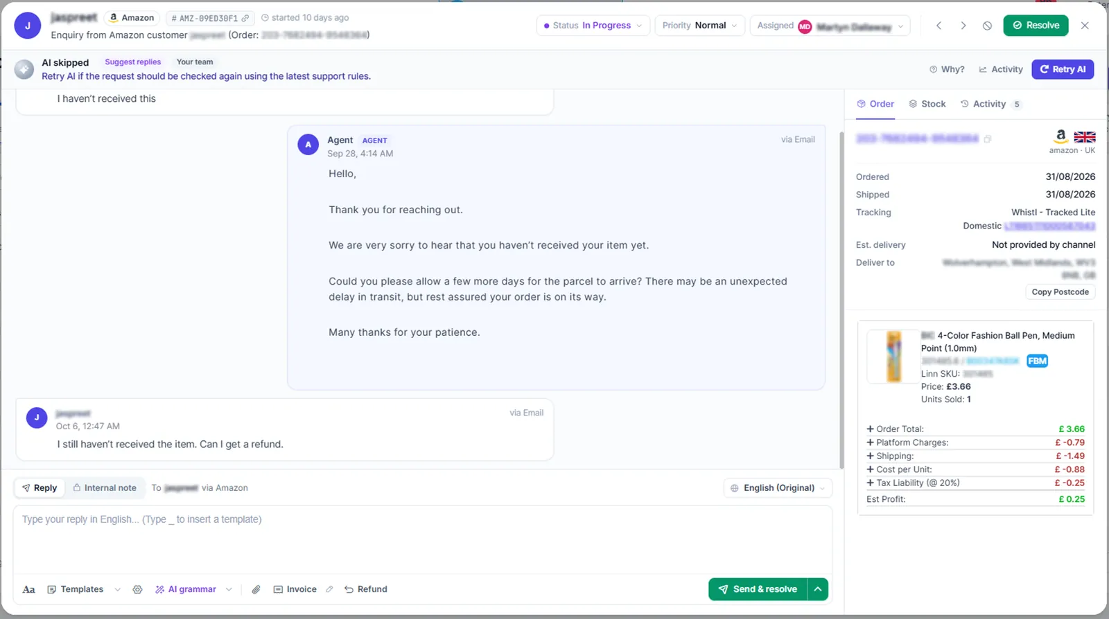 An Engage ticket with the customer conversation on the left and order details, product and profit breakdown on the right