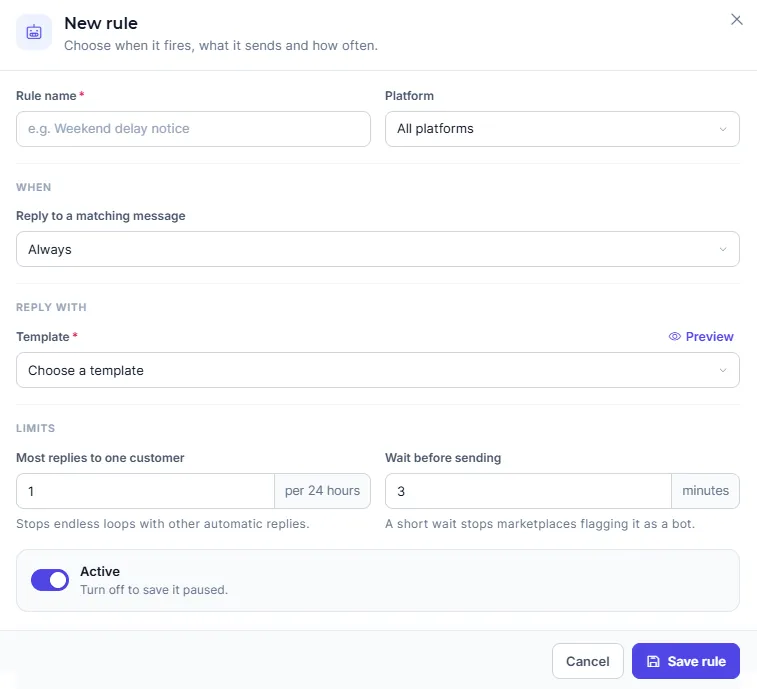 The new auto-responder rule form with platform, trigger, template, reply cap and wait time