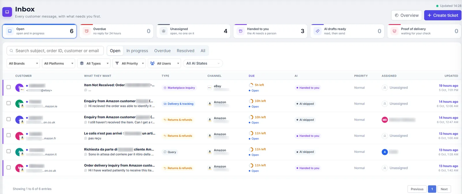 The Engage inbox with queue cards for open, overdue, unassigned, handed to you, AI drafts ready and proof of delivery, above a list of Amazon and eBay tickets